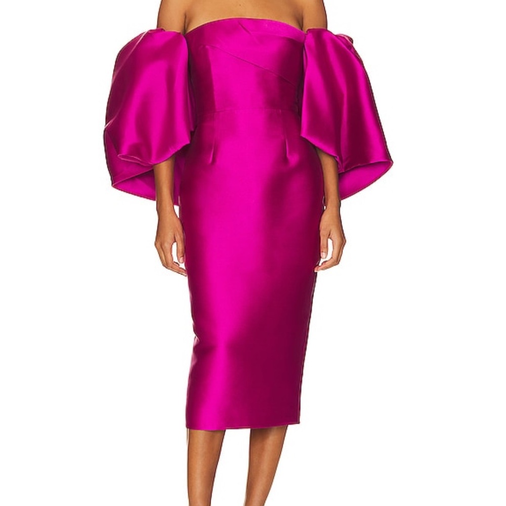 Solace London Marcia Faille Midi Dress in Fushia